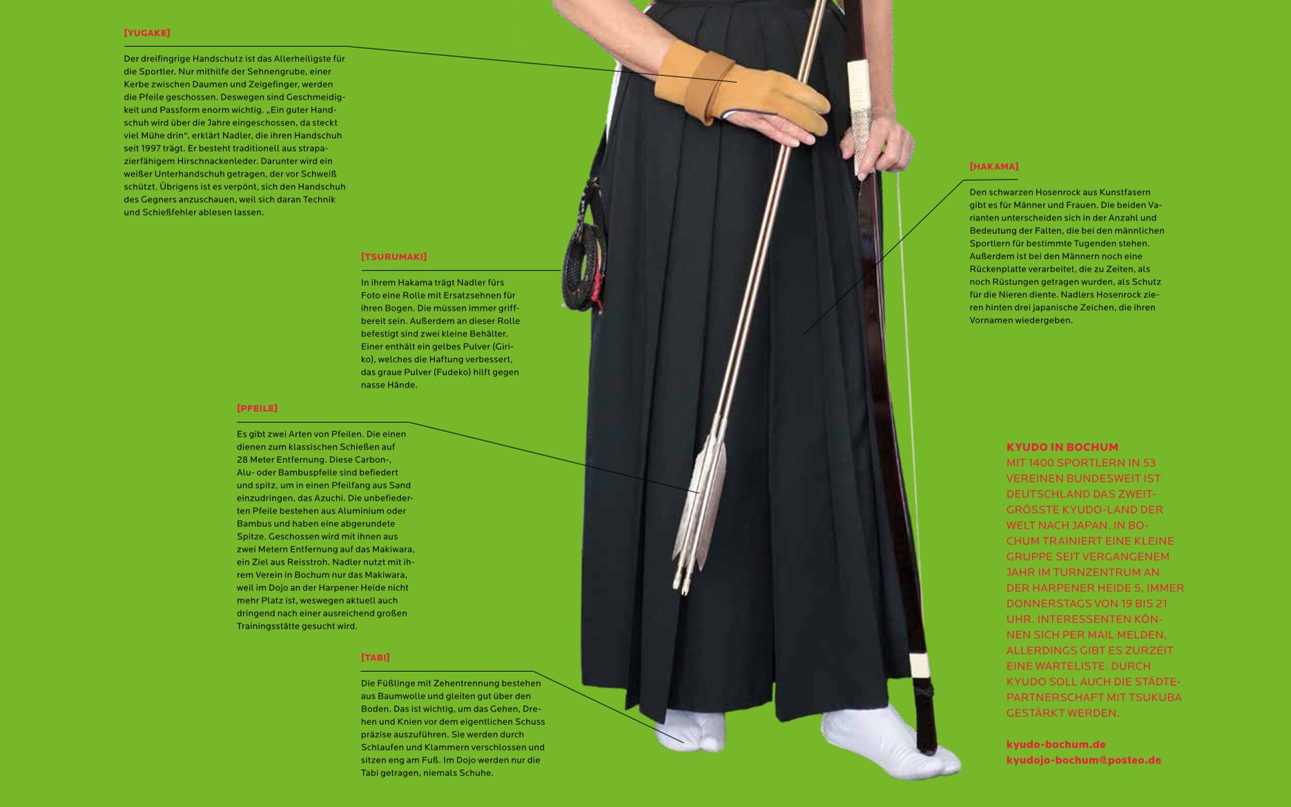 Artikel aus der BOMA mit Bild von Monika Nadler im Vordergrund in der traditionellen Kyodo-Bekleidung mit Bogen, Pfeilen und Handschuh